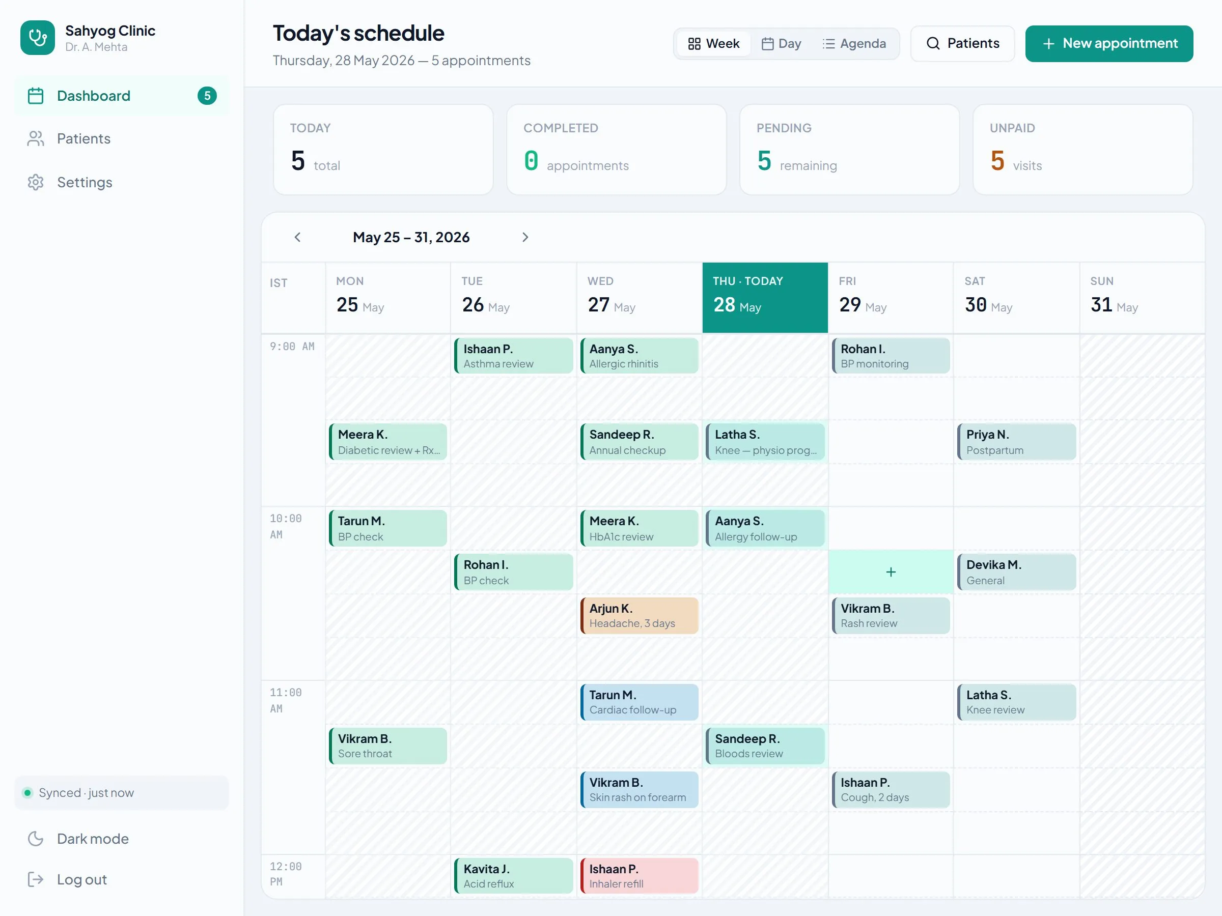 Clinic Appointment Booking — weekly schedule