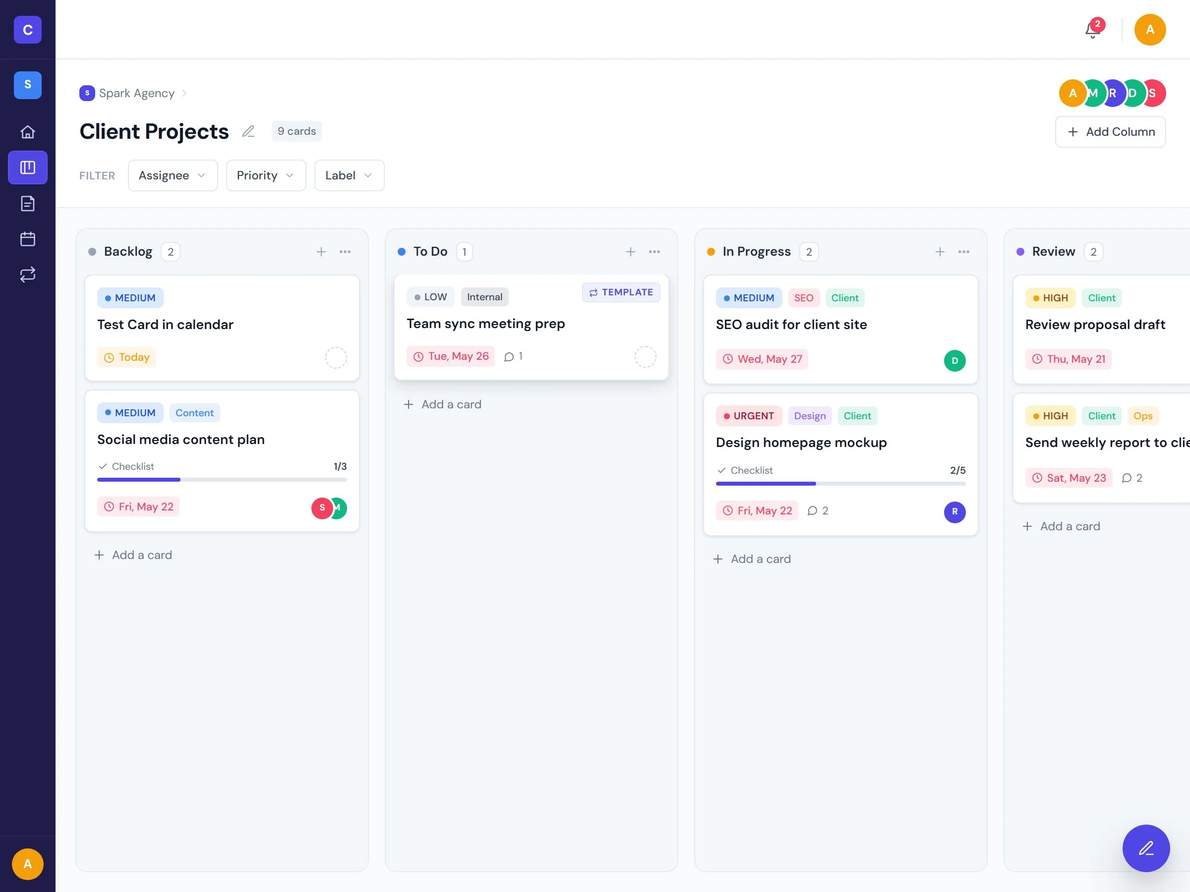 Comniwork — Client Projects kanban board